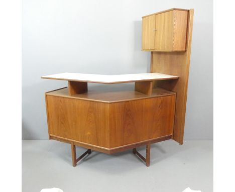 TURNRIDGE OF LONDON - A mid-century teak bar, with Formica top and locking cabinets. Overall 148x161x80cm.Depth of bar 39cm. 