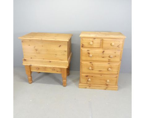 A modern pine chest of two short and three long drawers, 77x107x42cm, a blanket box and a coffee table with two frieze drawer