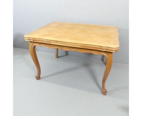 A French oak parquetry-top draw-leaf dining table. 119x75x90cm (extends to 199cm). 