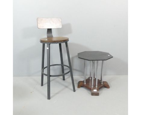 A French Art Deco style octagonal occasional table, with ebonised top and chrome supports, 46x50cm, and a modern industrial s
