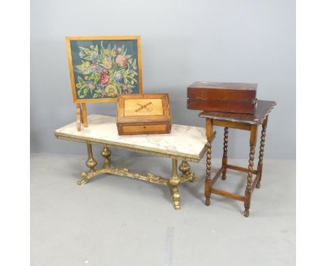 An onyx topped rectangular coffee table on brass base, 122x49x52cm, an oak side table, a folding table and two writing boxes.