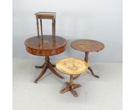 A mahogany and satinwood strung drum table, 77x73cm, a tilt top occasional table, another circular occasional table and a rec