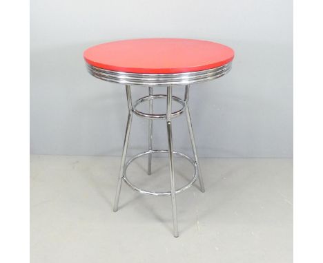 A contemporary circular topped bar table on chrome base. 75x101cm. 