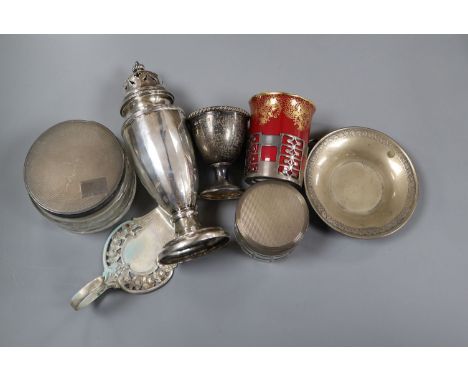 A 1920's silver sugar caster by Walker &amp; Hall and six other items including coffee can holder, toilet jars etc.