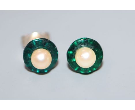 A cased pair of cultured pearl pearl and green paste? ear studs.