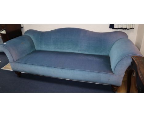 A Victorian double scroll end sofa upholstered in blue dralon W.230cm