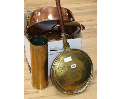 A quantity of brassware, plate and copper including one 2nd World War shell case, one 1st World War powder case and a baromet