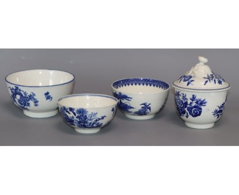 Three Worcester or Caughley blue printed sugar bowls and a sugar bowl and cover, c.1775-85 (5)