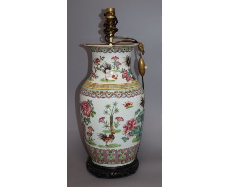 A Chinese famille rose converted lamp