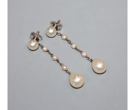 A pair of white metal and cultured pearl set drop earrings, 39mm.