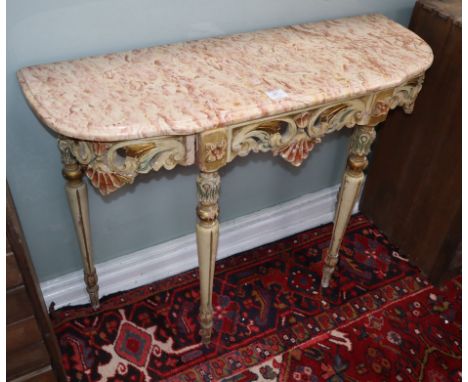 An Italian polychrome wood and marble top console table W.98cm