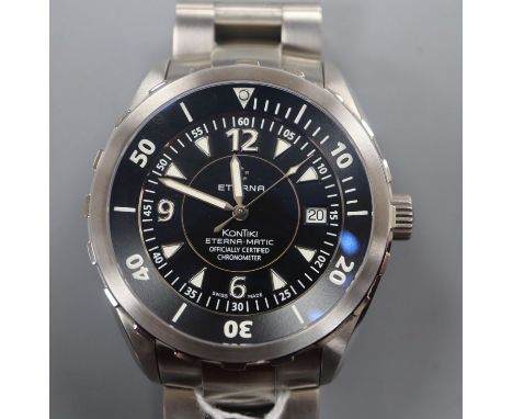 A gentleman's stainless steel Limited Edition Eterna Kontiki Eterna-Matic chronometer wrist watch, with black dial and date a