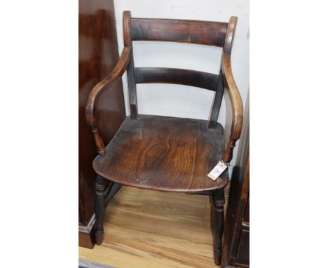 A 19th century stick-back country chair and an elm-seat Windsor armchair