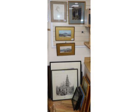 A group of assorted paintings and prints including an Edgar Holloway etching and a pair of Frank Holme gouaches