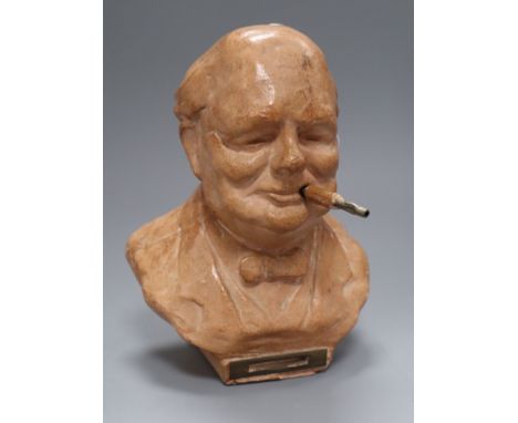 A mid 20th century composition table lighter, modelled as Churchill, signed Tallent height 21cm