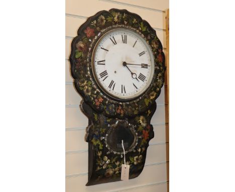 A Victorian painted mother of pearl inlaid papier mache wall clock H.73cm