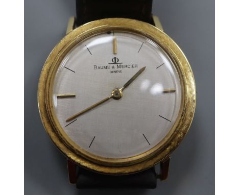 A gentleman's 750 yellow metal Baume &amp; Mercier manual wind dress wrist watch (lacking winding crown), on later associated