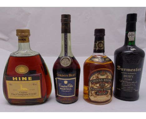 A quantity of alcohol to include Hine cognac 1 litre, Martell Cordon Bleu cognac 50cl, Chivas Regal scotch whisky 76cl and Bu