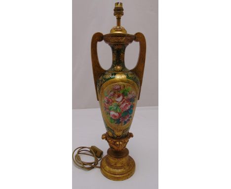 A French hand painted glass and gilt wood Victorian lamp base of oval form, 60cm (h) A/F