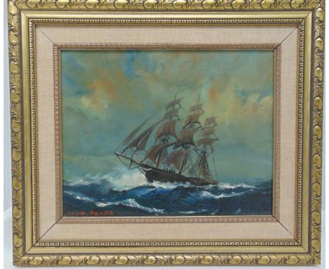 Dion Pears framed oil on panel of a sailing ship in rough seas, signed bottom left, 23 x 29cm