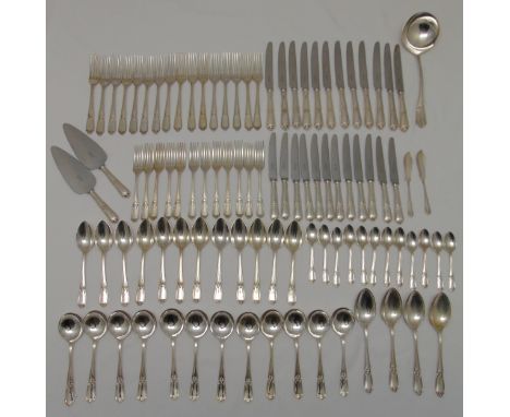 Garrard and Company hallmarked silver flatware for twelve place settings to include knives, forks, spoons, teaspoons, a ladle