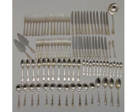 Garrard and Company hallmarked silver flatware for twelve place settings to include knives, forks, spoons, teaspoons, a ladle