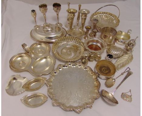 A quantity of silver plate to include fruit stands, entrée dish and cover, coasters, vases and a soup ladle