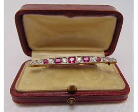 Yellow gold diamond and ruby bar brooch, approx total weight 4.2g