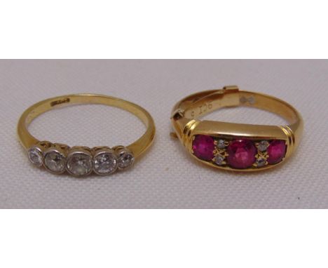 18ct gold and diamond five stone ring and an 18ct gold ruby and diamond ring, approx total weight 5.2g