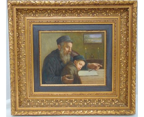 A framed oil on panel of a father and child studying, signed bottom left, details to verso, 25 x 30cm