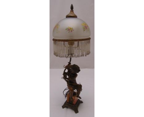 A Victorian lamp stand with putti figurine and frosted glass shade on raised square base, 76cm (h)