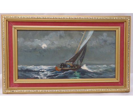 Dion Pears framed oil on panel of a sailing boat under a moonlit sky, signed bottom left, 17.5 x 36cm