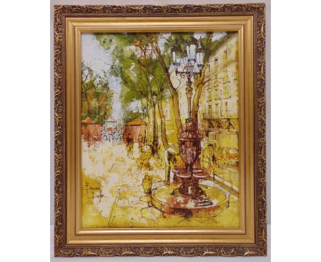 Bernard Dufour framed oil on panel of a Mediterranean square with a drinking fountain to the foreground, signed bottom left, 