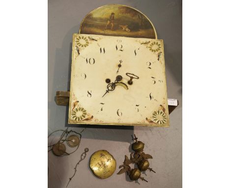 Victorian longcase clock movement and arched dial with date ring, works, key, finials, wheels and pendulum bob. P&amp;P Group