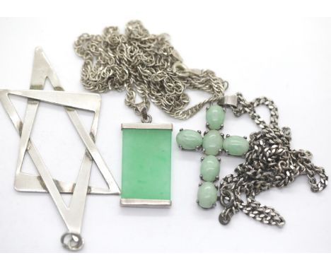 925 silver mounted jade ingot pendant, similar jade cross both on 925 silver chains and a presumed silver star of David penda
