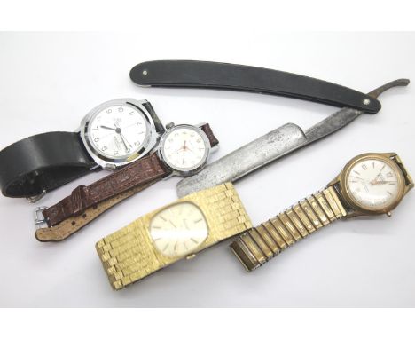 Four mechanical wristwatches Accurist, Lectro, Ramona and Timex, with an American cutthroat razor. P&amp;P Group 1 (£14+VAT f