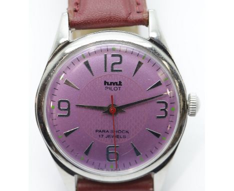 HMT purple faced pilot wristwatch on a leather strap, 18 jewels. P&P Group 1 (£14+VAT for the first lot and £1+VAT for subseq
