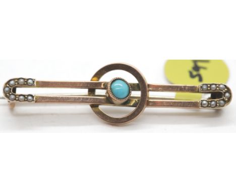 Antique rose gold turquoise and pearl ornate brooch. P&amp;P Group 1 (£14+VAT for the first lot and £1+VAT for subsequent lot