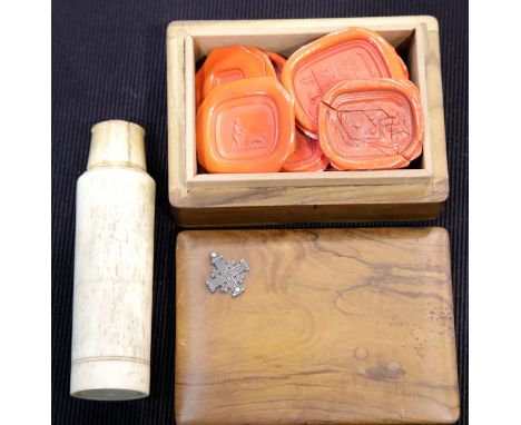 An olive wood Jerusalem box containing a quantity of wax seals and a bone screw top bottle. P&amp;P Group 1 (£14+VAT for the 