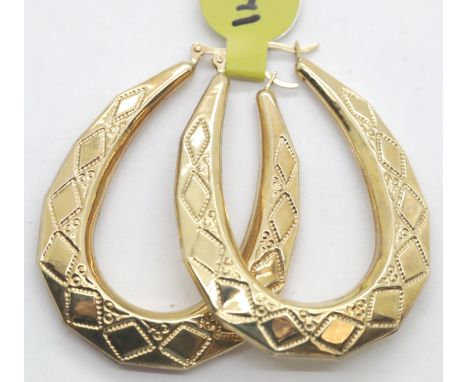 Ladies fancy 9ct gold loop earrings, L: 50 mm, 2.4g. P&amp;P Group 1 (£14+VAT for the first lot and £1+VAT for subsequent lot