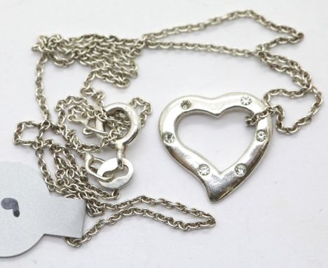 Silver solid stone set 16" heart shaped pendant. P&amp;P Group 1 (£14+VAT for the first lot and £1+VAT for subsequent lots) 