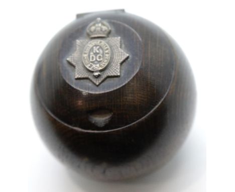 Antique Kings Dragoon Guards cannonball inkwell with white metal crest and original liner, D: 8 cm. P&amp;P Group 1 (£14+VAT 