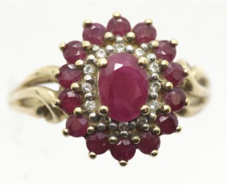 9ct gold, ruby and diamond cluster ring size R/S, 3.9g. P&amp;P Group 1 (£14+VAT for the first lot and £1+VAT for subsequent 
