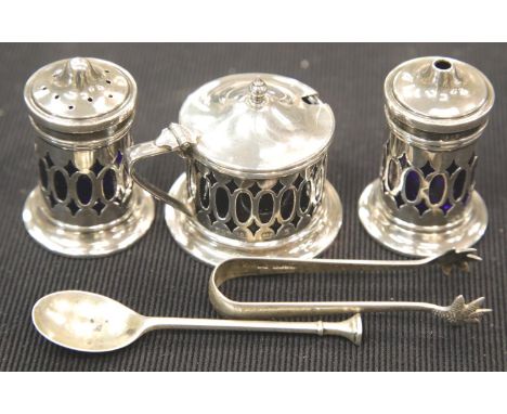 Hallmarked silver cruet maker D&amp;H, Birmingham assay, with silver spoon and silver sugar nips. P&amp;P Group 1 (£14+VAT fo