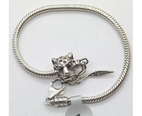 Ladies silver Amore and Baci bracelet with Leopard head chain. P&amp;P Group 1 (£14+VAT for the first lot and £1+VAT for subs