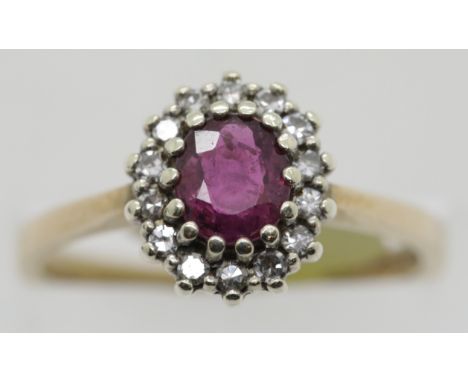 Vintage 9ct gold, ruby and diamond cluster ring, size N, 3.0g. P&amp;P Group 1 (£14+VAT for the first lot and £1+VAT for subs