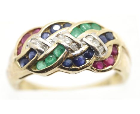 9ct gold, diamond, sapphire, ruby and emerald ring, size R/S, 3.9g. P&amp;P Group 1 (£14+VAT for the first lot and £1+VAT for