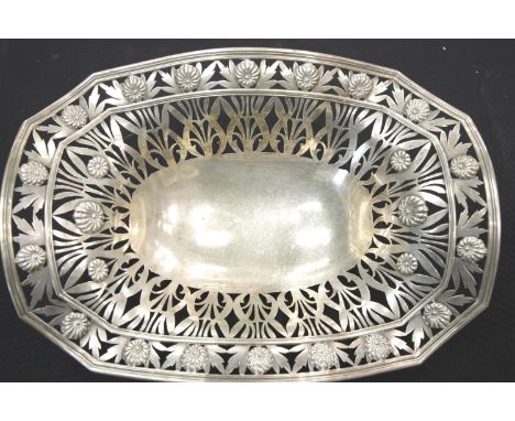 Sterling silver pierced basket, decorated with lotus flowers 35 x 41 cm,  828g. Couple of small dints, otherwise good conditi