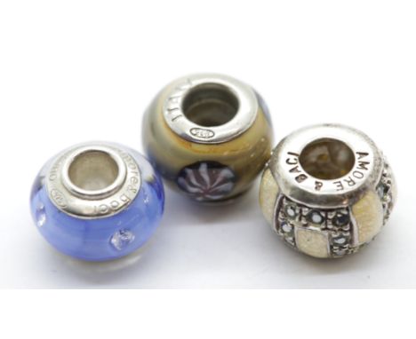 Ladies silver Amore and Baci Murano glass beads similar to Pandora. P&amp;P Group 1 (£14+VAT for the first lot and £1+VAT for