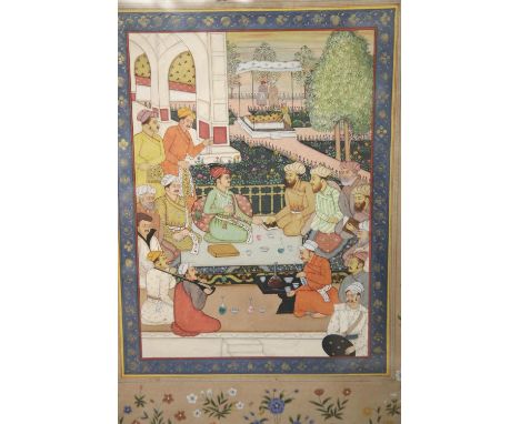 Persian Mughal style figural watercolour with painted surround, 30 x 40 cm. P&amp;P Group 3, will be sent without any glass u